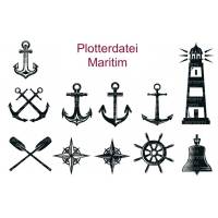 Plotterdatei Maritim mit Anker, Leuchtturm, Kompasskreuz, Glocke und Steuerrad Bild 1