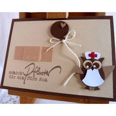 Karte, Klappkarte zur Genesung / Gute Besserung, mit Eule als Krankenschwester