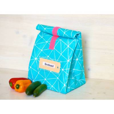 Lunchbag, Brotbeutel türkis, graphisches Muster, beschichtete Baumwolle, wasserabweisend