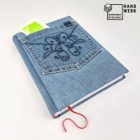 Notizbuch, Jeans Upcycling, rot blau, DIN A5, 300 Seiten, Recycling, Tagebuch Bild 1