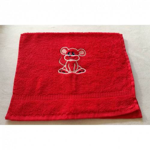 kuschelweiches Handtuch bestickt mit kleinen Tieren, Blickfang für jedes Bad, Baumwolle,rot mit einer kleiner Maus