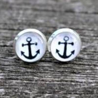 Anker schwarz grau weiß Ohrringe u Ringe Cabochonschmuck verschiedene Fassungen maritimer Schmuck