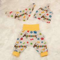 Baby Jungen Mädchen Unisex Set Pumphose-Mütze-Tuch "Süßer Dackel" Gr. 50-56 Geschenk Geburt Sofortkauf Bild 1