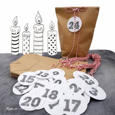 Adventskalender zum Befüllen – 24 Kraftpapiertüten mit Zahlenanhängern & Kordeln