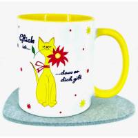 Kaffee-Tasse Katzen-Motiv mit Blume, Geschenk Freund Freundin Glück ist ... dass es dich gibt Bild 1