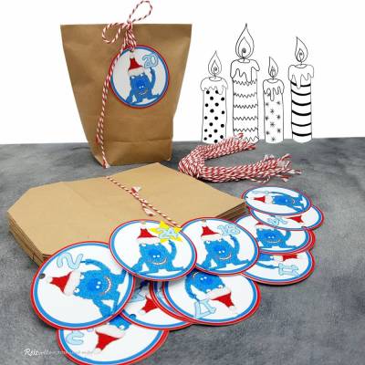 Adventskalender Weihnachtsmonster zum Befüllen – 24 Kraftpapiertüten mit Zahlenanhängern & Kordeln