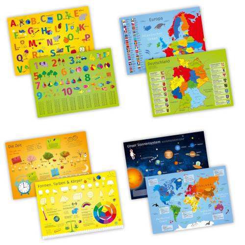 4er SET Tischset mit Lerneffekt für Kinder - beidseitig bedruckt ABC 123 Weltkarte Zeit Farben Platzset
