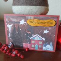 Weihnachtskarte Tannenbäume - Weihnachtshäuschen - Sterne - Schneeflocken Bild 2