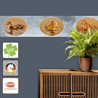 ECO Vlies Bordüre: Kleine Gemälde - Entenkücken - 16 cm Höhe
