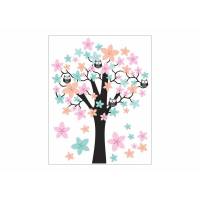 062 Wandtattoo Baum mit Eulen und Blumen Blüten - rosa blau orange pastell *nikima* in 6 vers. Größen Bild 1