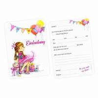 5 Einladungskarten Mädchen Geschenk Luftballons pink inkl. 5 transparenten Briefumschlägen - Kindergeburtstag Teenager pink rosa gelb Bild 1