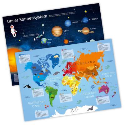 Tischset mit Lerneffekt für Kinder - Weltkarte Weltall Planeten Mars Erde Länder