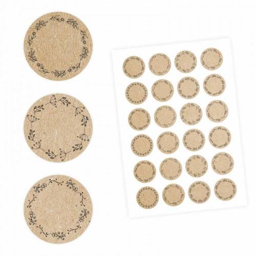 24 Universaletiketten - Blumenranke Kraftpapieroptik - rund 4 cm Ø - Haushaltsetiketten Sticker Aufkleber