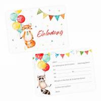 5 Einladungskarten Fuchs Waschbär Luftballon inkl. 5 Transparenten Briefumschlägen Kinder Geburtstag Mädchen Junge Einladung Feier Girlande Bild 1
