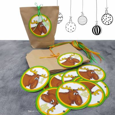 Adventskalender Elch zum Befüllen aus Kraftpapier – 24 Tüten mit Zahlenanhängern & Satinbändern