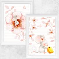 Set Babyposter Kinderzimmerbild Kinder Bilder Maus Mäuse Kunstdruck Tiere Pastell Aquarell Blumen Mädchen Poster DIN A4 Kinderzimmerbilder Bild 1
