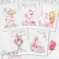 Mädchen Kinderzimmer Bilder Set & Geschenk Karte - Tiere Einhorn Prinzessin Ballerina Kunstdruck für A4 Bilderrahmen Pastell Rosa  | SET 40 Bild 1