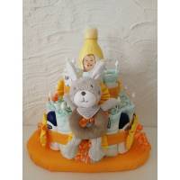 Windeltorte "Rasselgreifling Hase" in gelb-orange  Windelkuchen Taufe  Geburt Bild 1