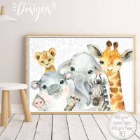 SAFARI Mix ~ A3 Kinderzimmer Poster Bilder Tiere Giraffe, Löwe, Elefant, Hippo, Zebra |S 44/P-SAFARI Bild 1