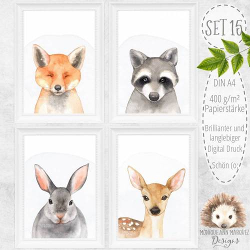 Waldtiere Tiere ~ Babyzimmer Kinderzimmer Bilder Set Waldtiere Kunstdruck Digitaldruck Bild Natur Urban Jungle A4 | SET 15