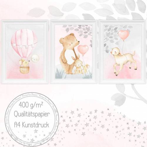 Mädchen Kinderzimmer Bilder Set Babyzimmer Bild Baby Tiere im Heißluftballon Kunstdruck für A4 Bilderrahmen  | SET 38