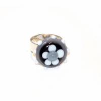Ring - Glas - Lampwork - Blume - grau / schwarz / weiß Bild 1