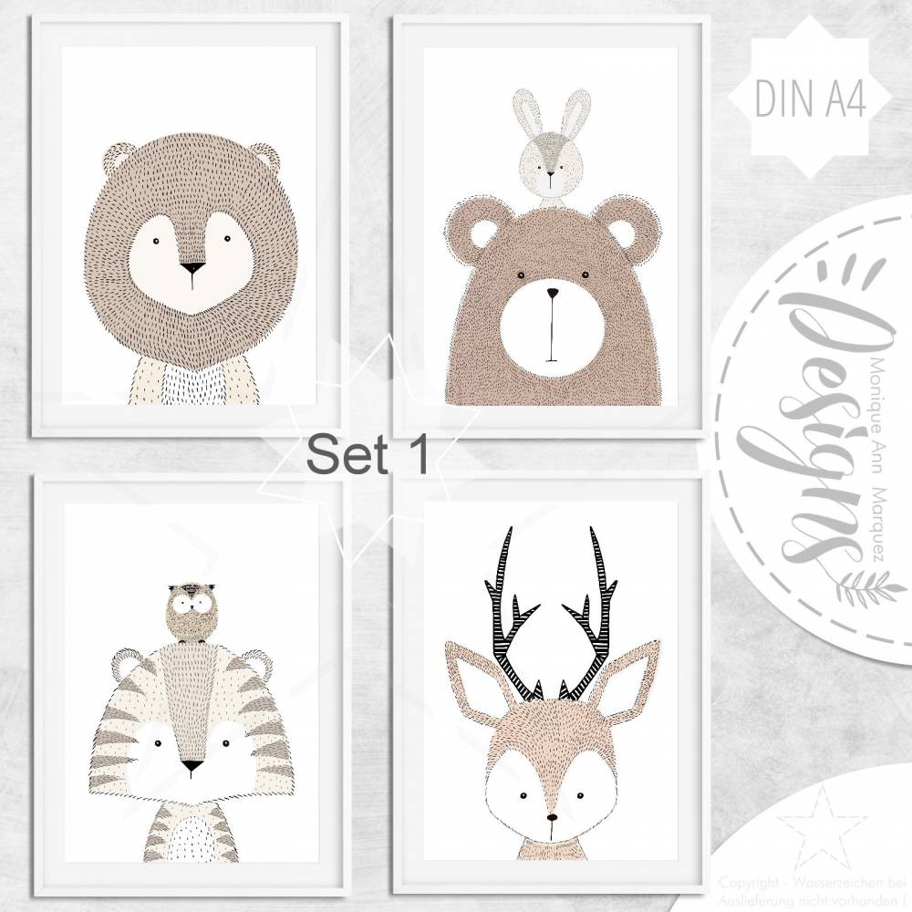 9er SET Kinderzimmer Bilder Tiere Poster Wildtiere Waldtiere