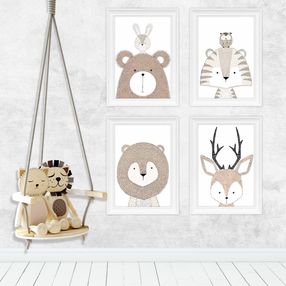 Kinder Baby Zimmer Bild er Tiere Tierbild Bilder Set Skandivanischer Stil DIN A4 