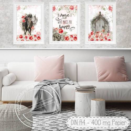 3er Set | Shabby Chic Art Landhaus Stil | Wandbilder Kunstdrucke Bilder Fine Art Print Romantik Rosen |für den A4 Bilderrahmen | 400 mg |S35