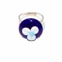 Ring - Glas - Lampwork - blau mit weißer Blume Bild 1