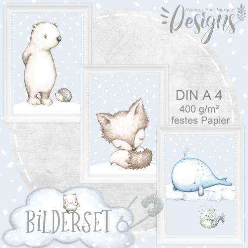 Baby Kinderzimmer Bilder Tiere Fuchs Bär Wal Igel und Kugelfisch (hellblau, grau & beige) A4 Druck |S19