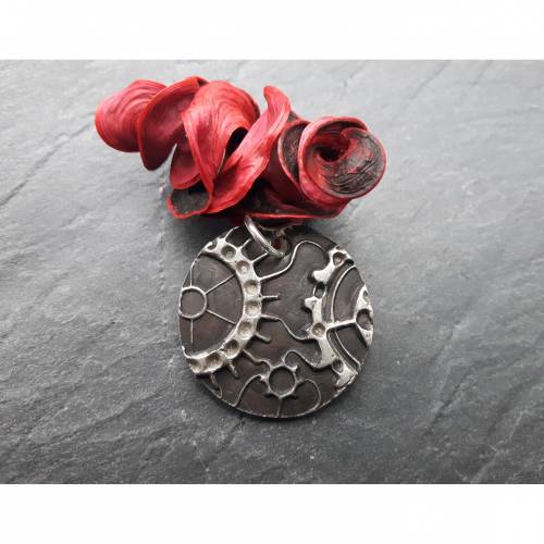 Anhänger Steampunk aus 999 Silber, Silberanhänger mit Zahnrädern, patiniert