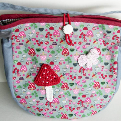 Lenkertasche, Laufradtasche, Fahrradtasche, Kindergartentasche Pilz-Häkel-Applikation, Puppenwagen-Tasche, Dreiradtasche,