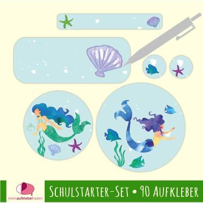 Schulstarter-Set | Meerjungfrau - 90 teilig, Stifteaufkleber, Schuletiketten - blanko zum Selbstbeschriften