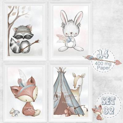 4er SET Kinderzimmerbild Kinderzimmer Bild Babyzimmer Bilder Kunstdruck Digitaldruck Waldtiere | Boho Reh Tipee Hase Waschbär A4 | SET 32