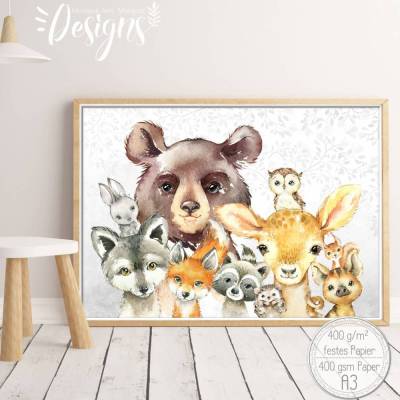Kinderzimmer Bilder (A3) Babyzimmer Poster Waldtiere Tiere Boho