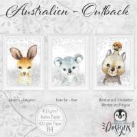 AUSTRALIEN Bilder Set Tiere Kinderzimmerbilder Babyzimmer Koala Bär, Wombat mit Schnabeltier, Känguru Kinderzimmer Bilder  | Set 44/Outback Bild 1