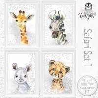 Kinderzimmer Baby Bilder Poster Set Tiere Afrika Zebra Giraffe Nashorn Gepard Kunstdruck Wildnis |Set 44 Bild 1