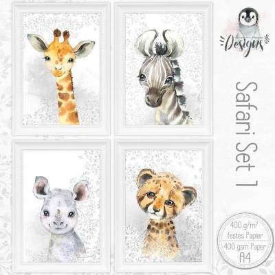 SAFARI  ( 1 ) ~ Kinderzimmer Baby Bilder Poster Set Tiere Afrika Zebra Giraffe Nashorn Gepard Kunstdruck Wildnis |Set 44/Safari 1
