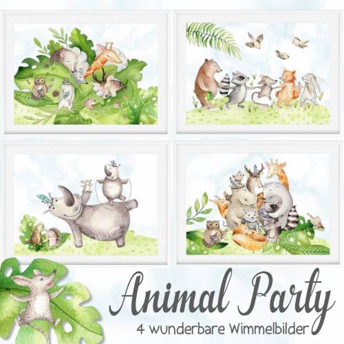4 er Set Kinderzimmer Bilder Babyzimmer Bild Tiere Poster Waldtiere, Wildtiere Safari Kunstdruck A4 |SET 10