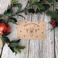 Weihnachtskarte aus Echtholz mit Umschlag "Merry Christmas"/ Elche, Schneeflocken Bild 1