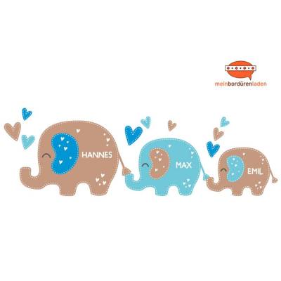 Geschwister - Wandtattoo: 3 Elefanten Herzchen - personalisierbar