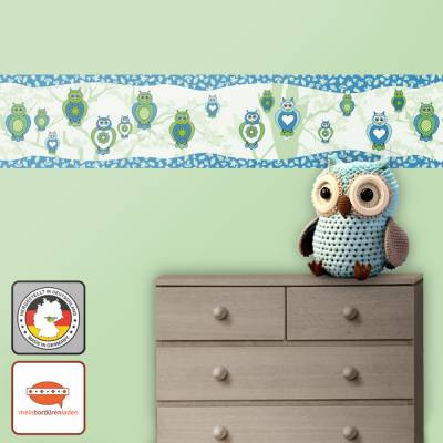 Kinderbordüre: Eulen im Wald - optional selbstklebend - 15 cm Höhe