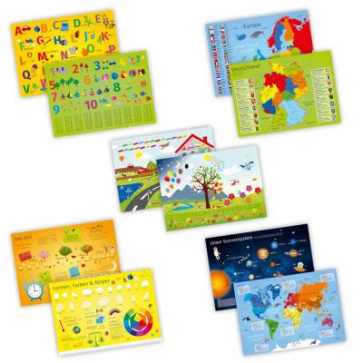 5er SET Tischset mit Lerneffekt für Kinder -  beidseitig bedruckt ABC 123 Weltkarte Zeit Farben Platz