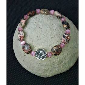 Edelstein-Armband Leopardenfelljaspis mit versilbertem Metallelement und Cateyeperlen