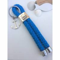 Schlüsselanhänger maritim aus Segelseil, Zwischenstück "Fischkopp", türkisblau, versilberter Anker als Anhänger am Schlüsselring Bild 1