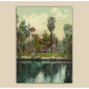 Vintage Art Leinwandbild Haus am See mit Spiegelung - Anno 1898 -  Photochrom Fotografie handcoloriert - Reproduktion - Kunst Druck auf Leinwand -  Wandbild