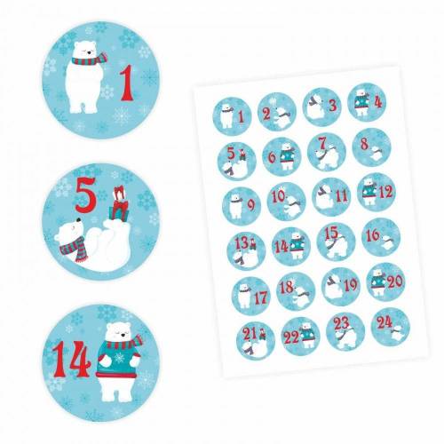 24 Adventskalender Zahlen Aufkleber Eisbären - rund 4 cm Ø - Sticker Weihnachten zum basteln dekorieren DIY