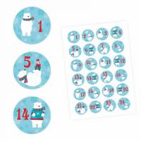 24 Adventskalender Zahlen Aufkleber Eisbären - rund 4 cm Ø - Sticker Weihnachten zum basteln dekorieren DIY Bild 1