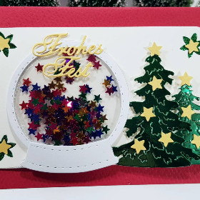 Schüttelkarte Schnee-Kugel Weihnachts-Karte bunte Sterne rot